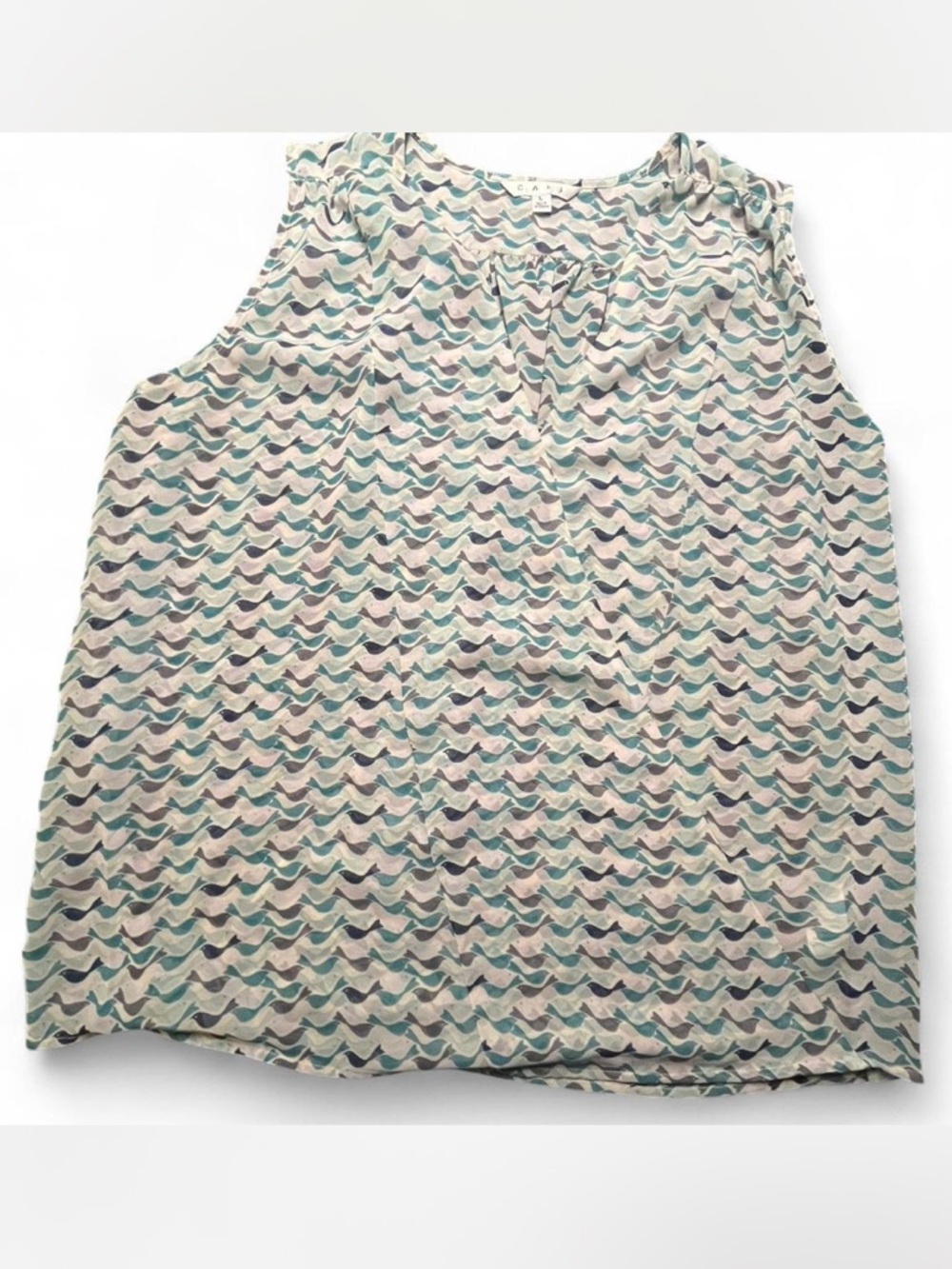 Cabi Turquoise & White Sleeveless Bird Blouse, L